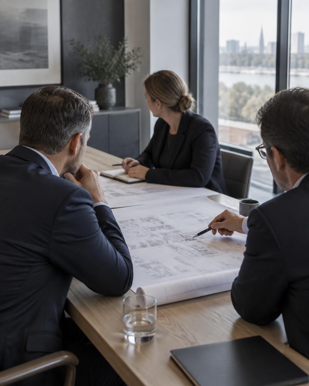 Advisers reviewing architectural drawings around a meeting table.
